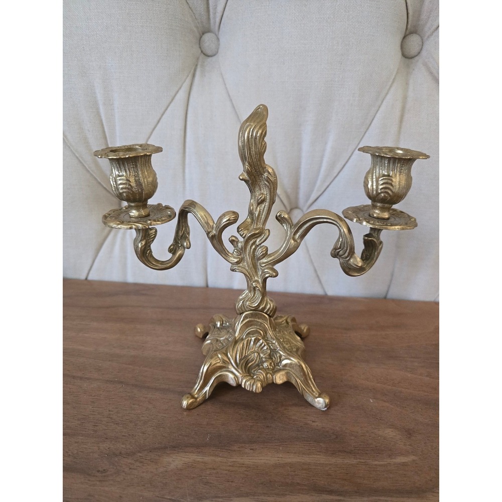 Vintage Mid Century Art Nouveau Double Armed Candelabra Gold Gilt Made in Italy